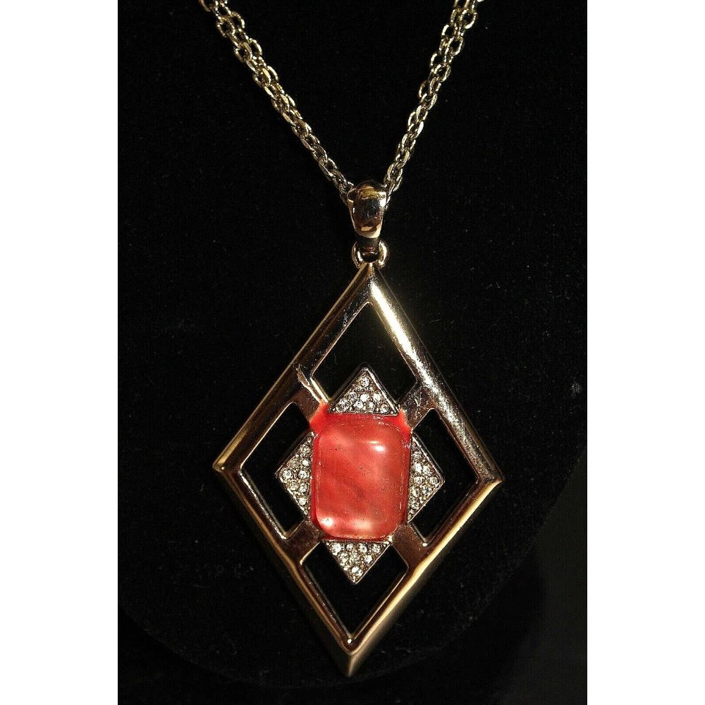 Pink Coral Cabochon Rhinestone Necklace Gold Chain Triangle Pendant WH BM Design